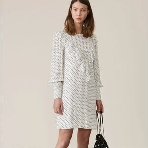 GANNI Rometty Georgette Polka Dot Ruffle Mini Dress White Black Size 34/XS/0-2